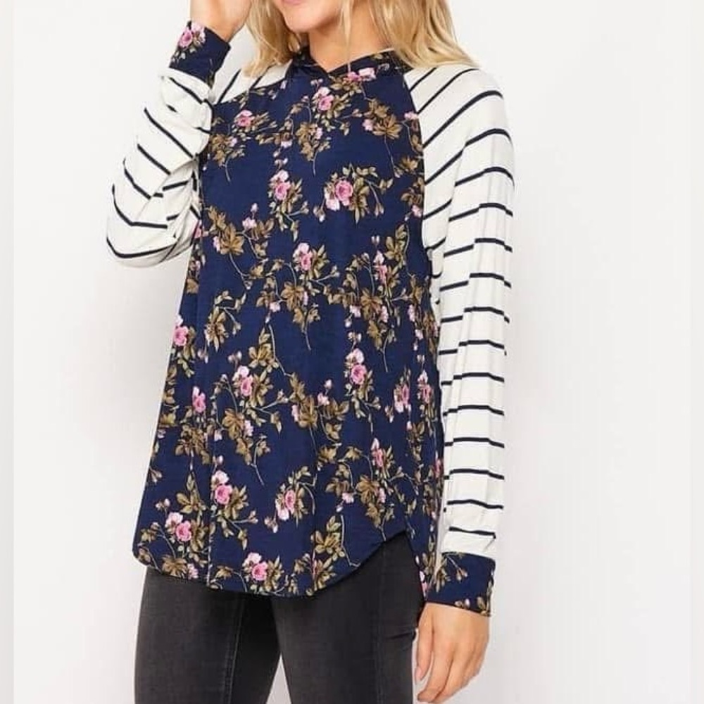 Floral Navy Hooded Top with Striped Sleeves
